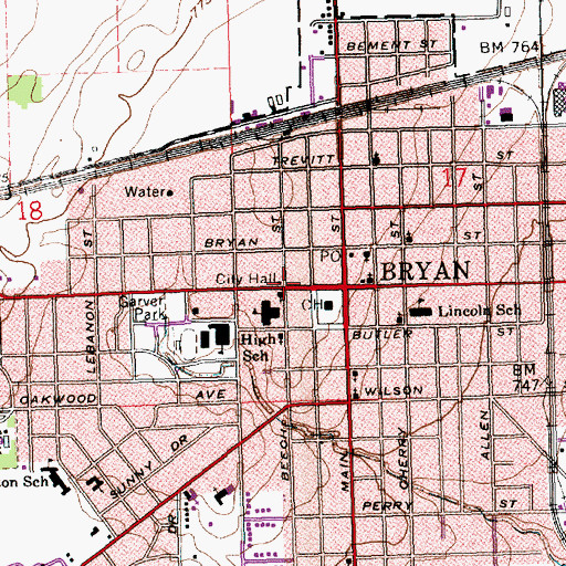 Topographic Map of Bryan City Hall, OH