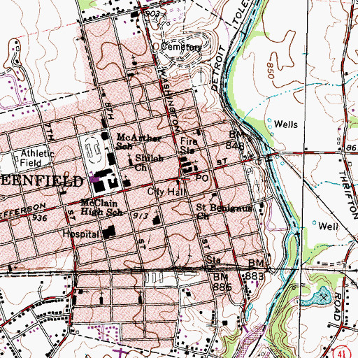 Topographic Map of Greenfield City Hall, OH