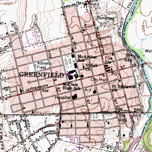 Topographic Map of Greenfield Junior High School, OH