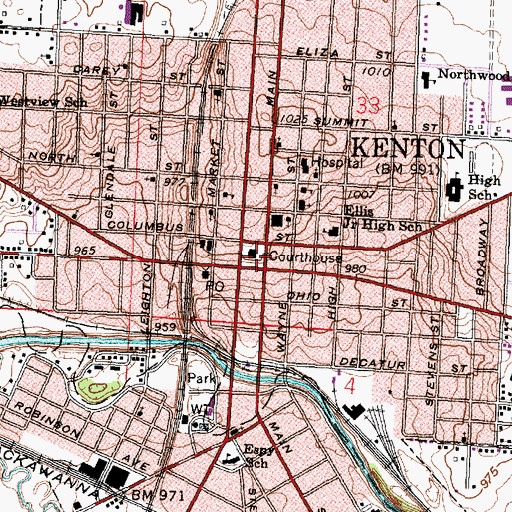 Topographic Map of Hardin County Courthouse, OH