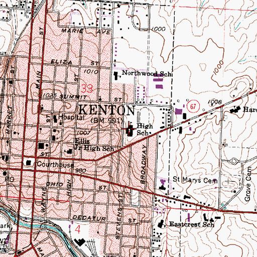 Topographic Map of Kenton High School, OH