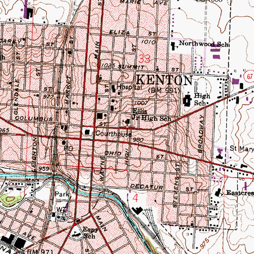 Topographic Map of Hardin County Library, OH