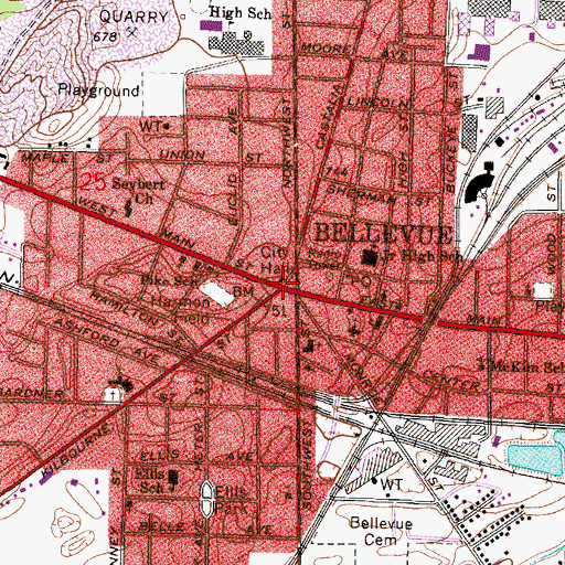 Topographic Map of Bellevue City Hall, OH