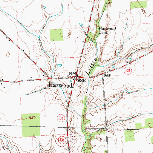 Topographic Map of Harwood, OH