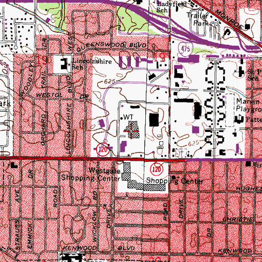 Topographic Map of Westgate Meadows Shopping Center, OH