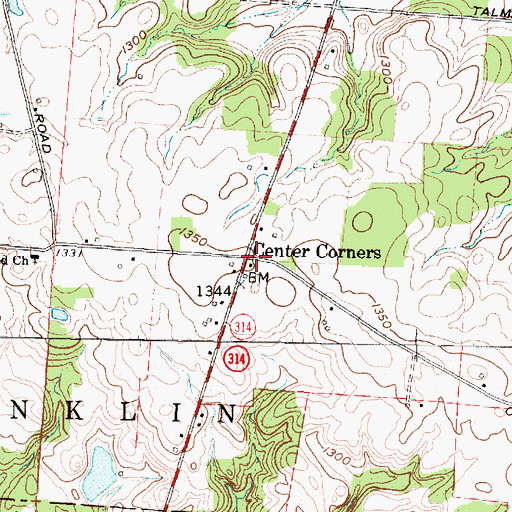 Topographic Map of Center Corners, OH