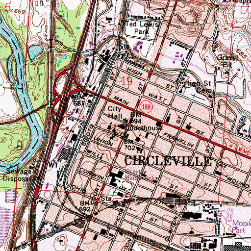 Topographic Map of Circleville, OH