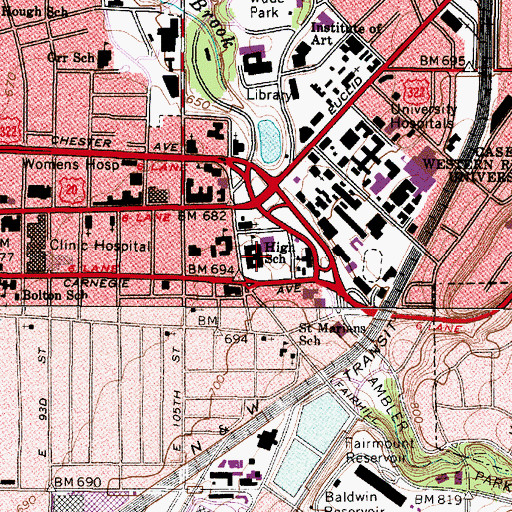 Topographic Map of John Hay Early College High School, OH