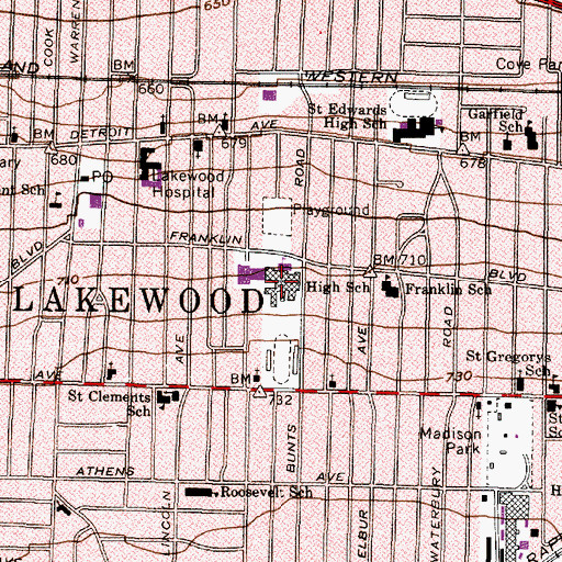 Topographic Map of Lakewood High School, OH
