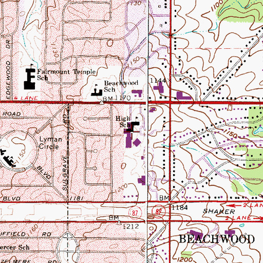 Topographic Map of Beachwood High School, OH