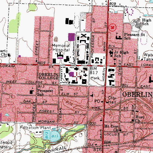 Topographic Map of Oberlin College, OH