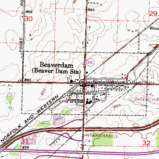 Topographic Map of Beaverdam, OH