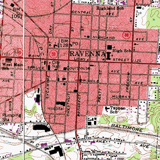 Topographic Map of First United Methodist Church of Ravenna, OH