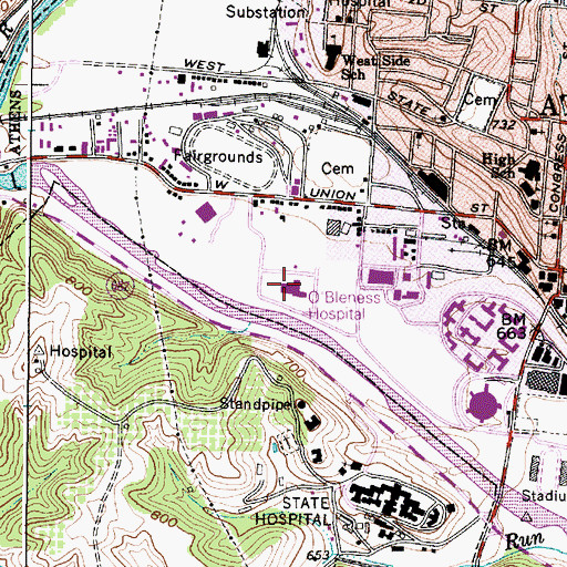 Topographic Map of O'Bleness Memorial Hospital, OH