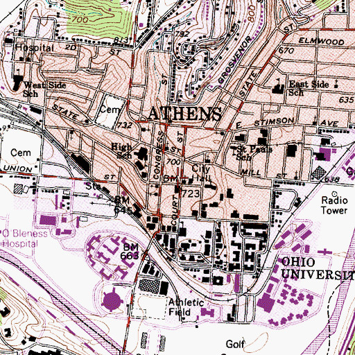 Topographic Map of Athens County Courthouse, OH