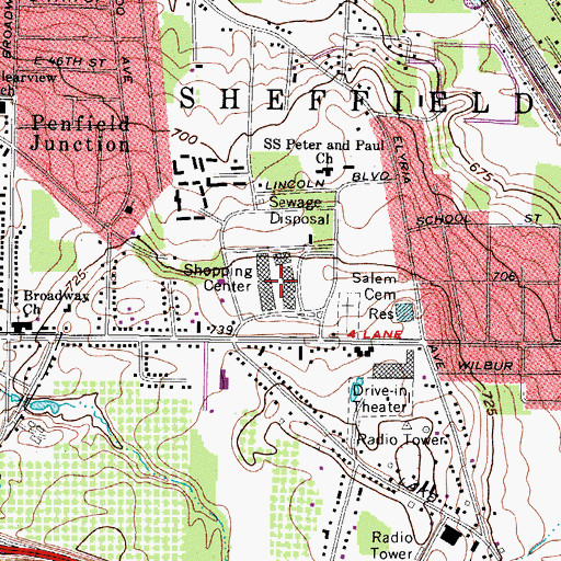 Topographic Map of Centre of Sheffield Shopping Center, OH