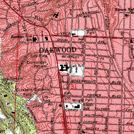Topographic Map of Oakwood High School, OH