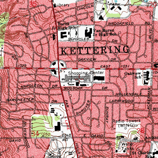 Topographic Map of Town and Country of Kettering Shopping Center, OH