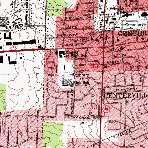 Topographic Map of Washington Township Public Library, OH