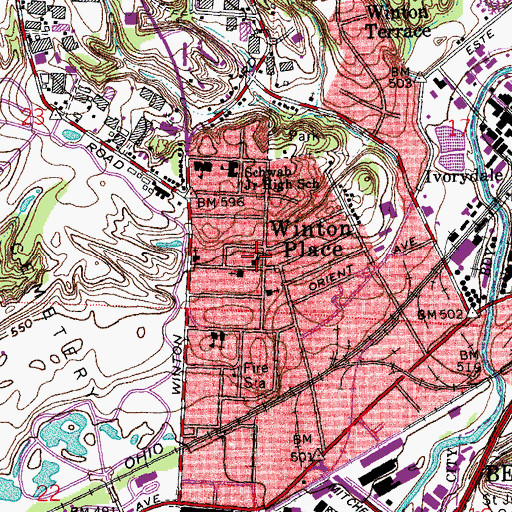 Topographic Map of Winton Place Methodist Church, OH