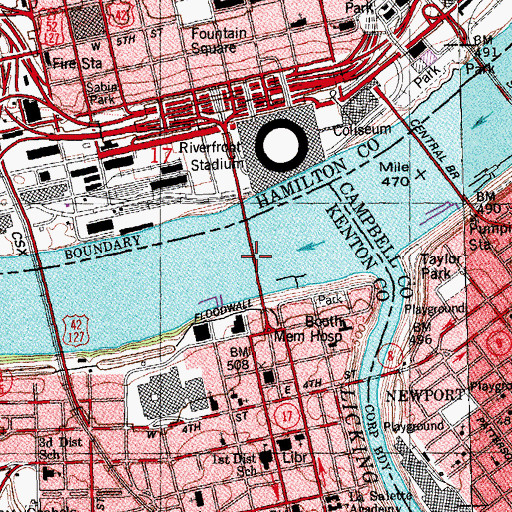 Topographic Map of John A Roebling Bridge, OH