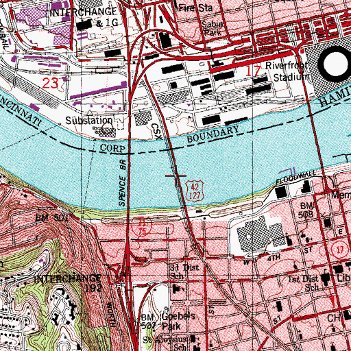 Topographic Map of Clay Wade Bailey Bridge, OH