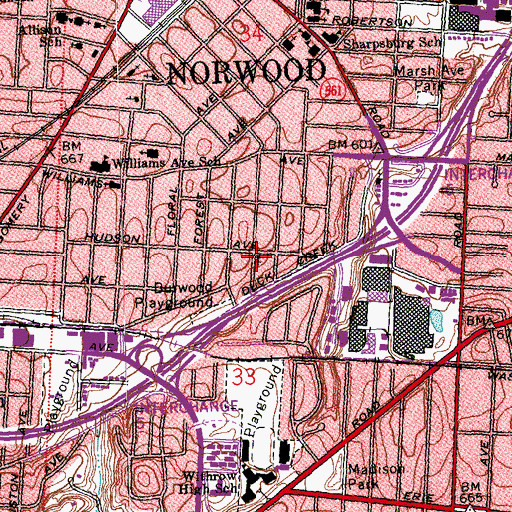 Topographic Map of South Norwood Church of Christ, OH
