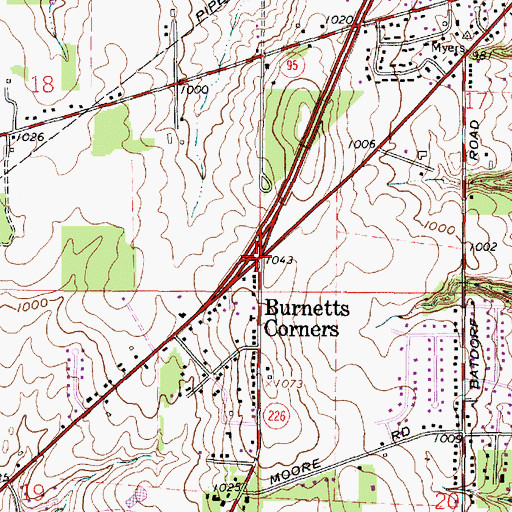 Topographic Map of Burnetts Corners, OH