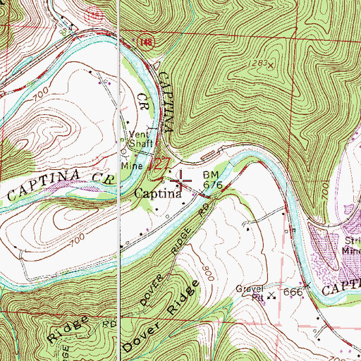 Topographic Map of Captina, OH