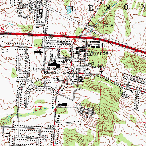 Topographic Map of Monroe, OH