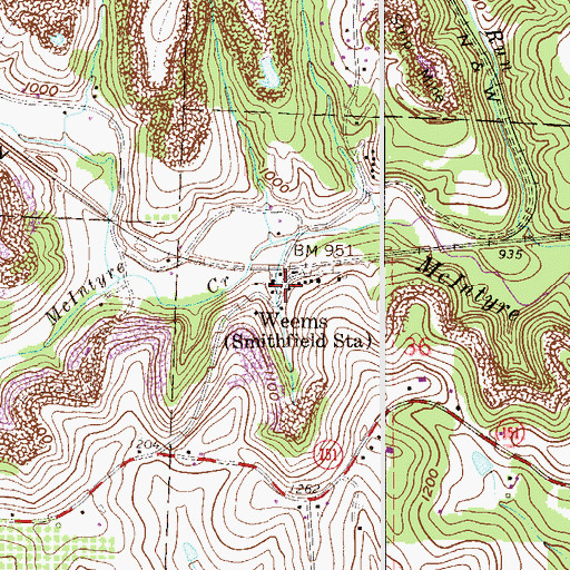 Topographic Map of Weems, OH