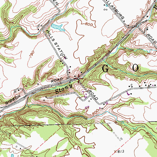 Topographic Map of Hills, OH