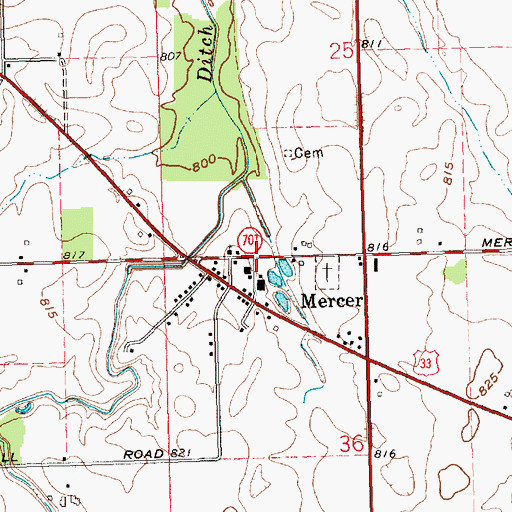 Topographic Map of Mercer, OH