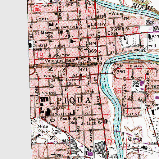 Topographic Map of Piqua, OH