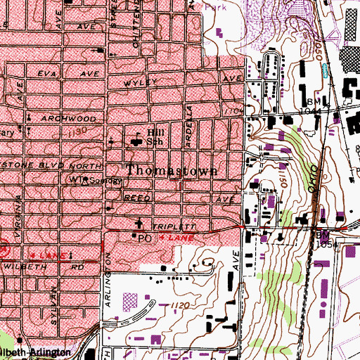 Topographic Map of Thomastown, OH