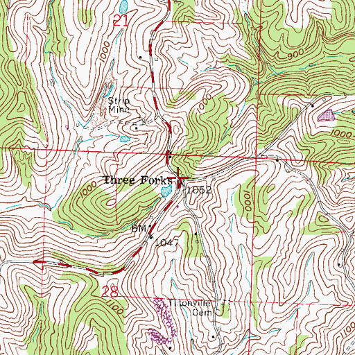 Topographic Map of Three Forks, OH