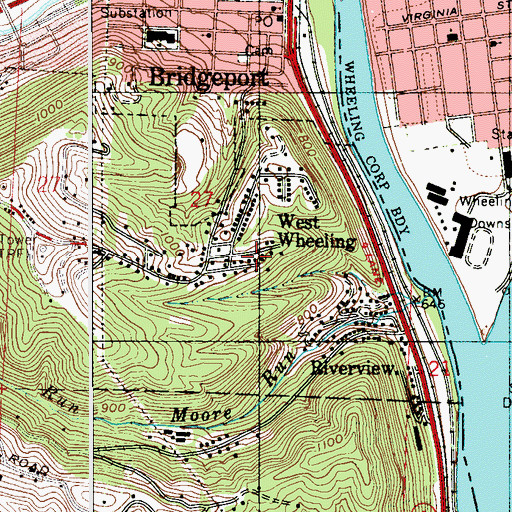 Topographic Map of West Wheeling, OH