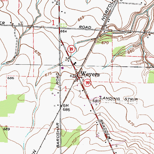 Topographic Map of Weyers, OH