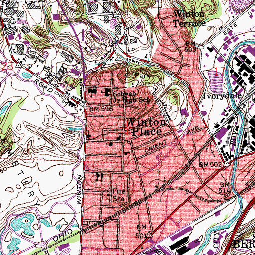 Topographic Map of Winton Place, OH