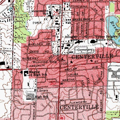 Topographic Map of Washington Township Hall, OH