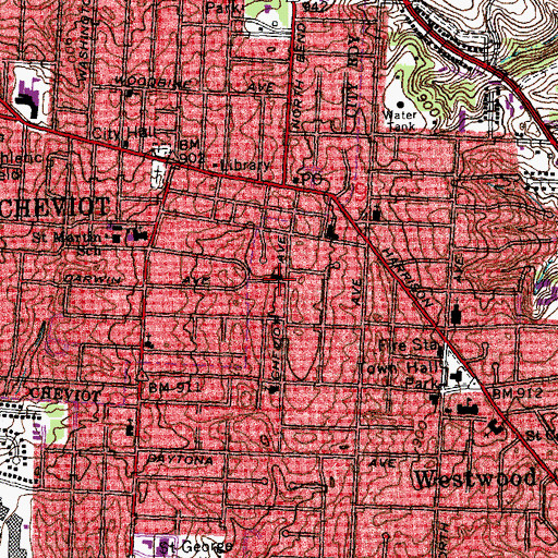 Topographic Map of Westwood Baptist Church, OH