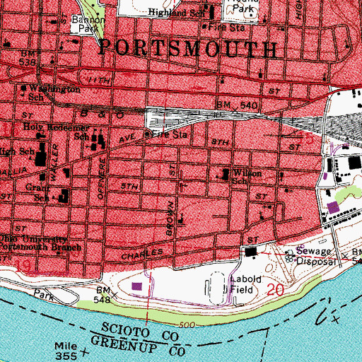 Topographic Map of Portsmouth Church of God, OH