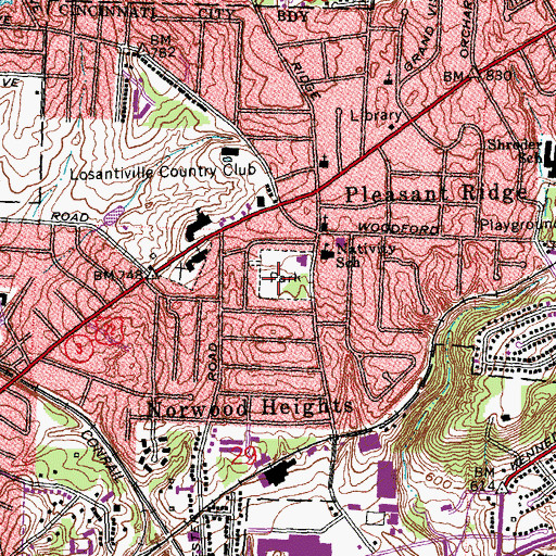 Topographic Map of Pleasant Ridge Park, OH