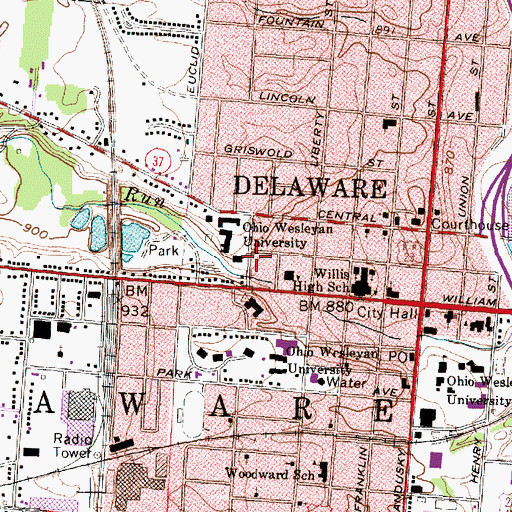 Topographic Map of Delaware County Cultural Arts Center, OH