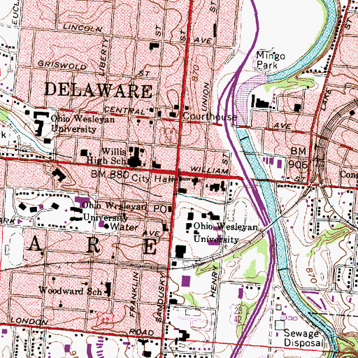 Topographic Map of Delaware City Hall, OH