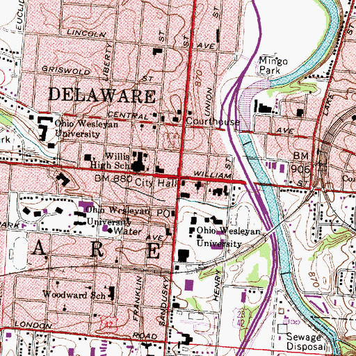 Topographic Map of Delaware, OH