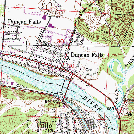 Topographic Map of Duncan Falls, OH
