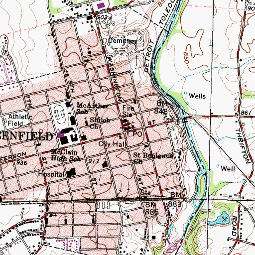 Topographic Map of Greenfield, OH