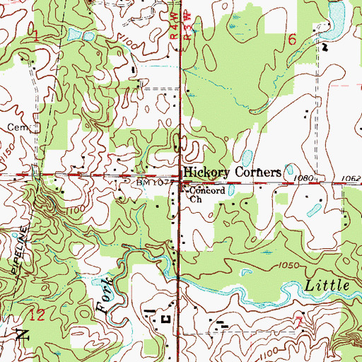 Topographic Map of Hickory Corners, OH