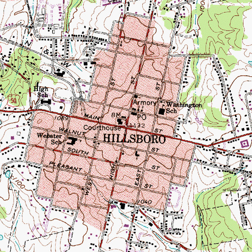 Topographic Map of Hillsboro, OH